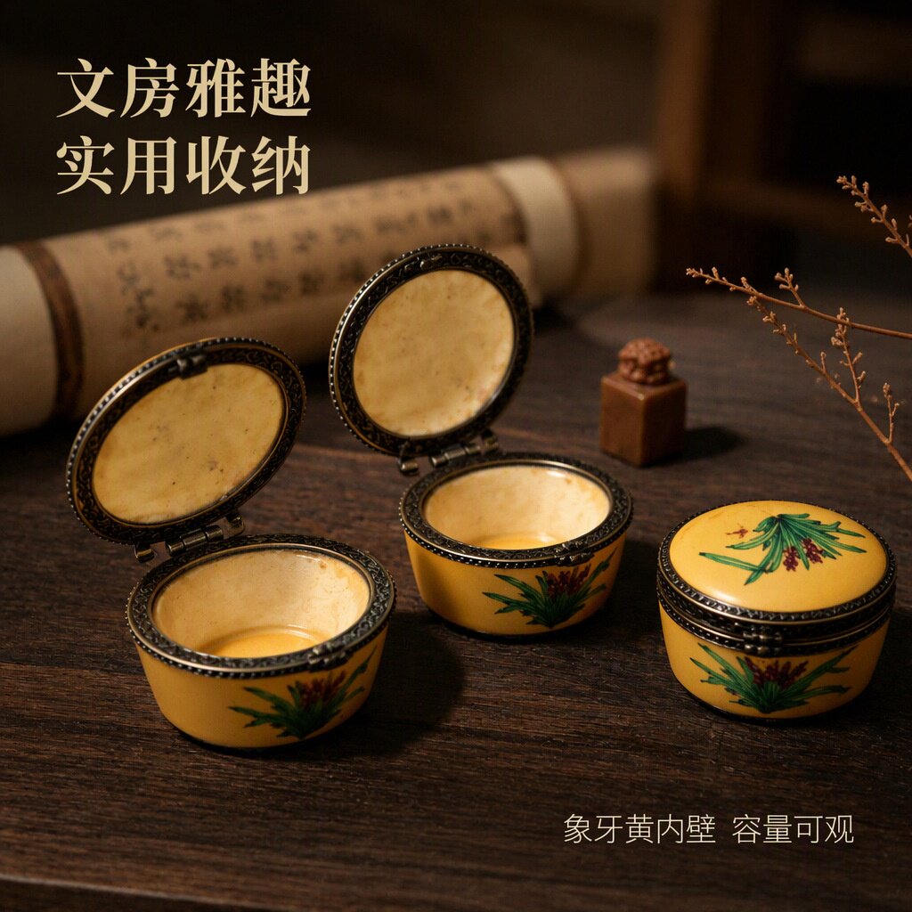 仿古彩绘人物故事图骨雕圆盒 金属镶嵌做旧工艺品 文房手把件摆件