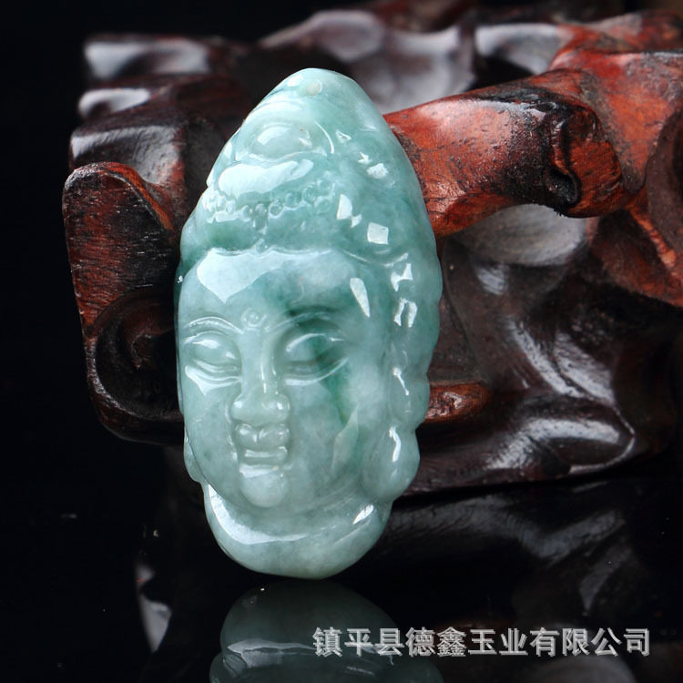 翡翠a货观音头吊坠 翠玉油青种观音像男士吊坠 直播货源支持