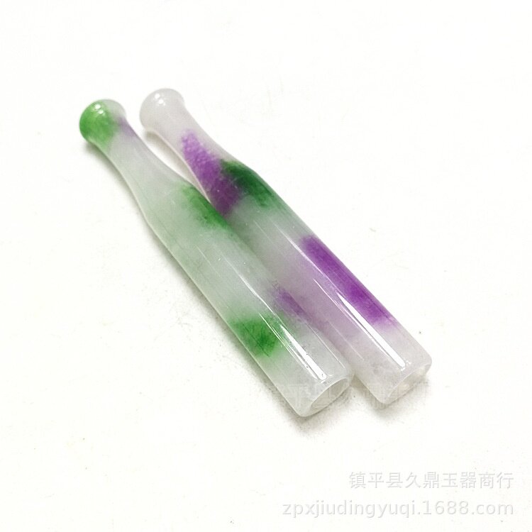 翡翠色长款烟嘴批发 马来玉飘花三色烟嘴仿古玉器古玩杂项批发