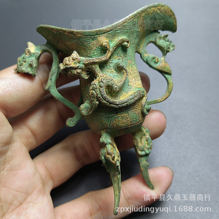 仿古做旧酒杯酒具青铜器摆件批发三脚杯古代酒樽道具家居办公摆件