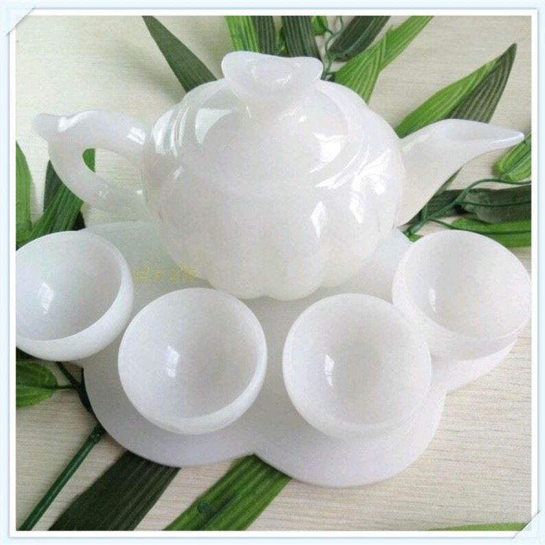 天然阿富汗玉石功夫酒具套装带底盘玉摆件茶壶茶杯玉茶具礼盒装