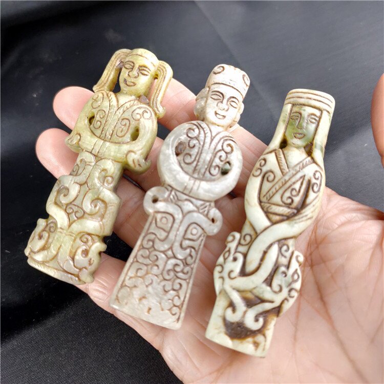 供应珠宝古玩工艺品杂项岫玉仿古做旧玉人吊坠玉牌挂件