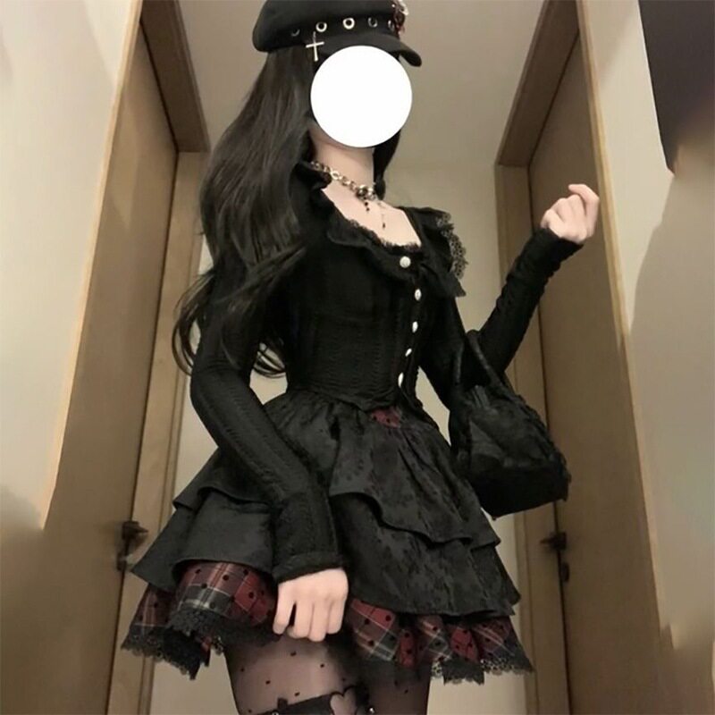 法式复古赫本风黑色裙子女秋两件套修身绝美蓬蓬公主洛丽塔连衣裙