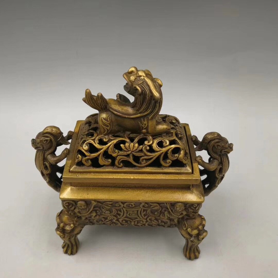 仿古做旧工艺品黄铜四方鼎型香炉摆件镂空熏香炉家居饰品摆件批发