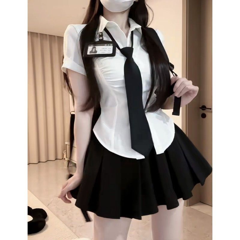 韩系JK学院制服套装纯欲辣妹百褶收腰a字短裙白衬衫女夏显瘦修身