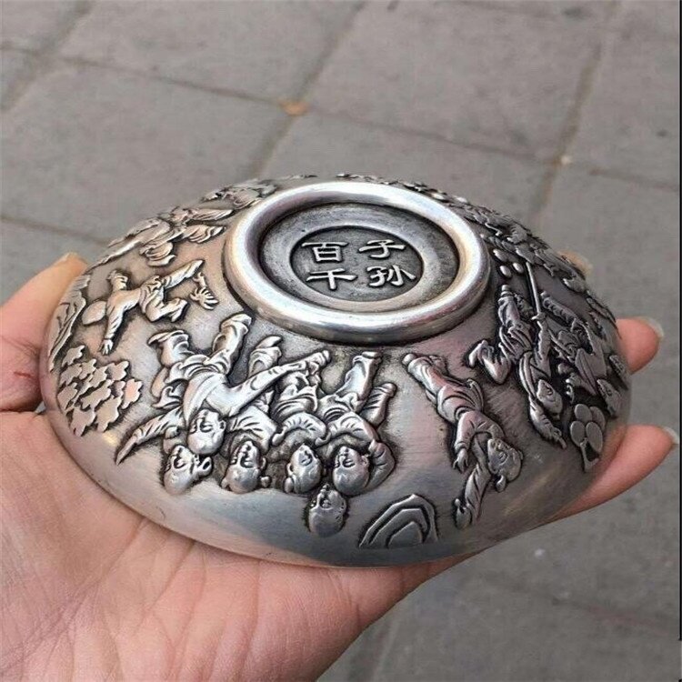 批发古玩杂项复古做旧白铜百子碗铜碗茶碗工艺品摆件批发