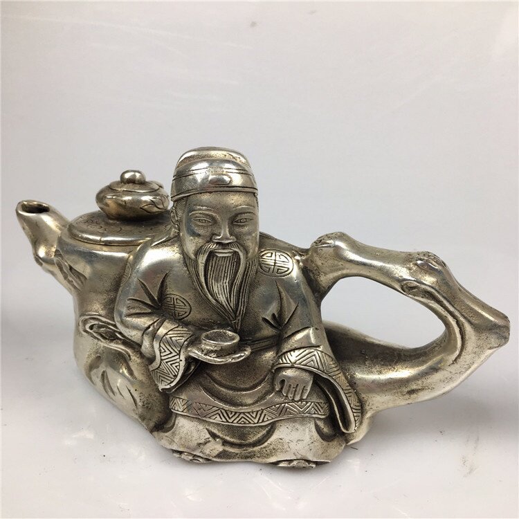 古玩仿古做旧工艺品白铜李白树桩壶铜酒壶茶壶