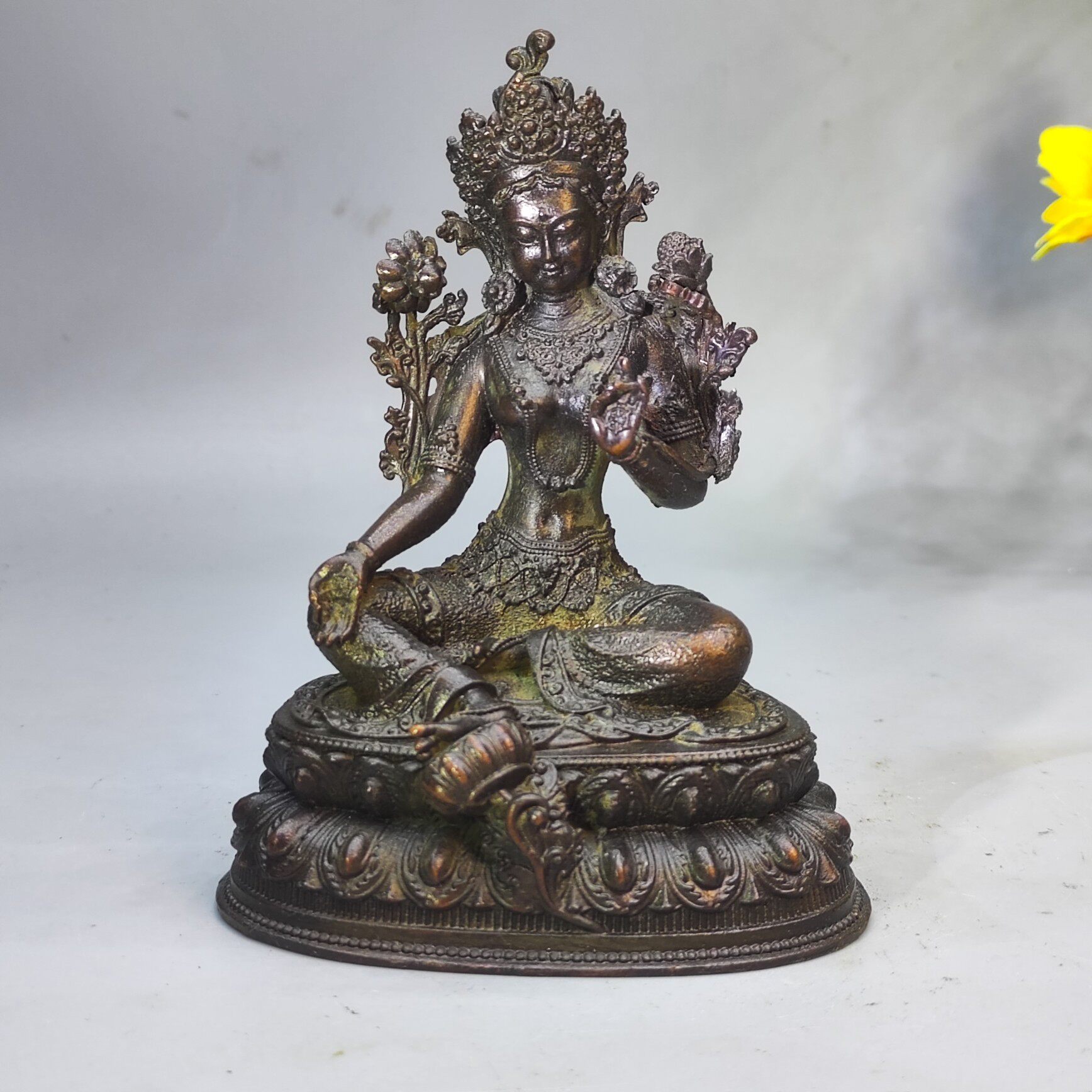 仿古铜绿度母佛像复古佛像藏传旧工艺品小摆件黄财申供奉藏传摆件