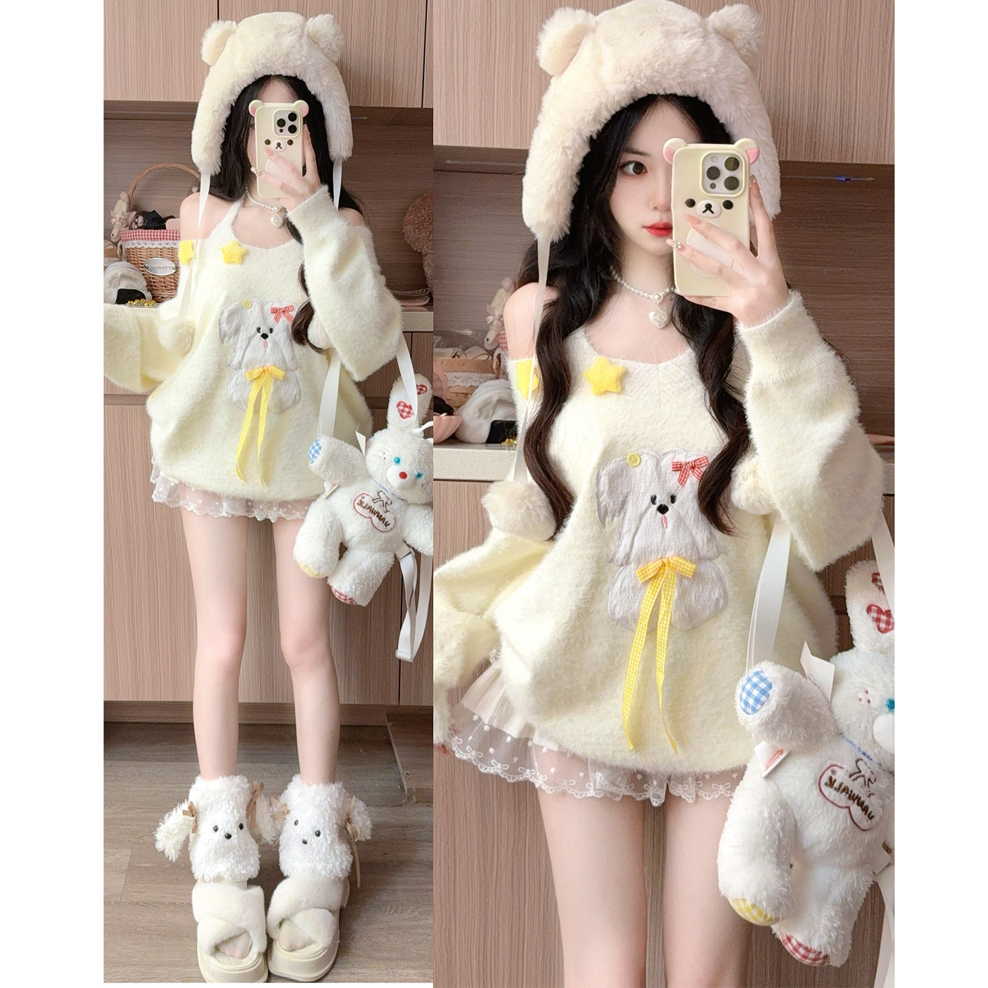 甜美可爱风软糯小狗图案毛衣女秋冬宽松慵懒针织衫软奶系