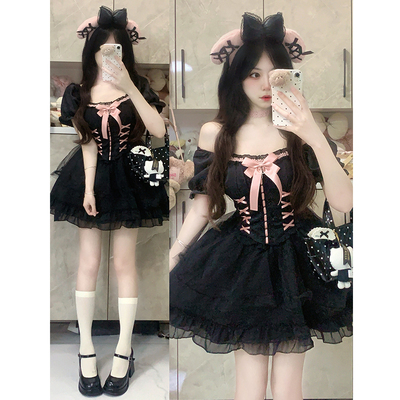 在逃公主甜美粉色蝴蝶结连衣裙夏