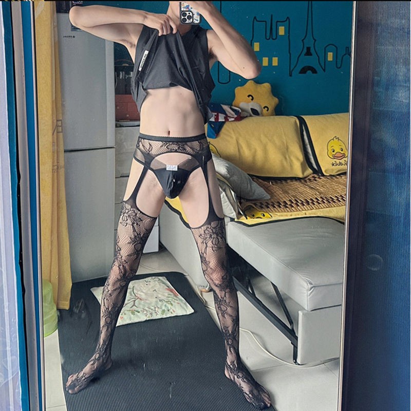 男士丝袜男连裤袜高弹袜四面镂空免脱网袜纹路漏臀小受打底袜gay