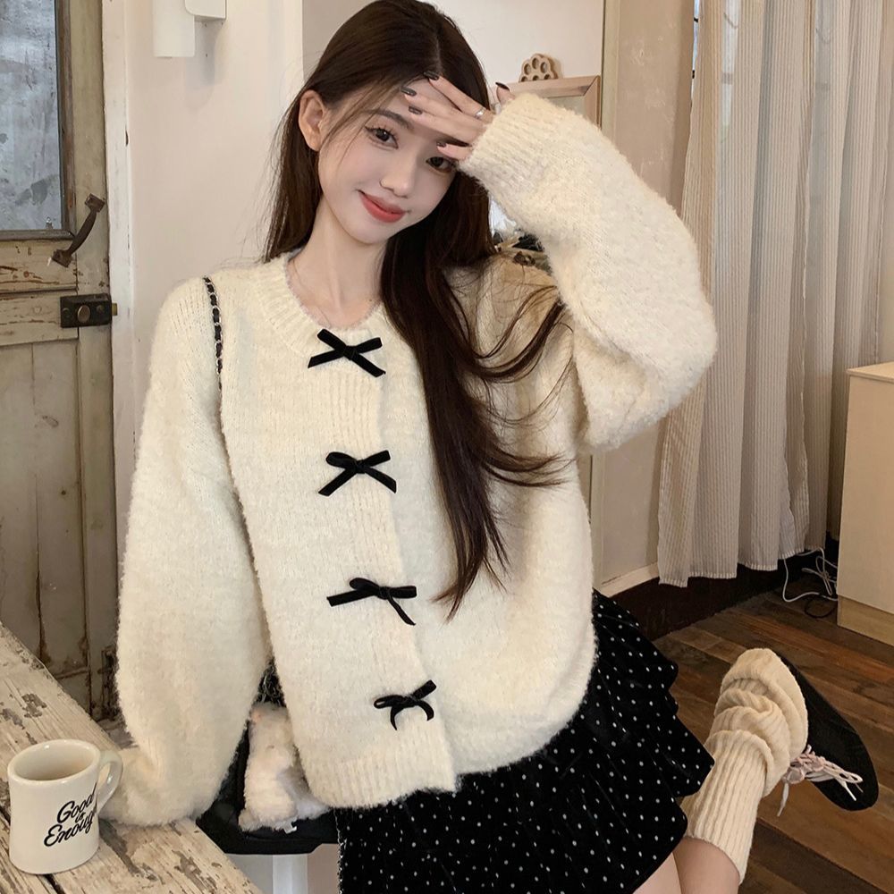 韩系白色蝴蝶结毛衣外套女秋冬设计感小众针织开衫超好看短款上衣