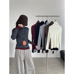 Outlets品牌折扣 芷苁夕冬装高级感撞色高龄羊毛显瘦长袖打底衫女