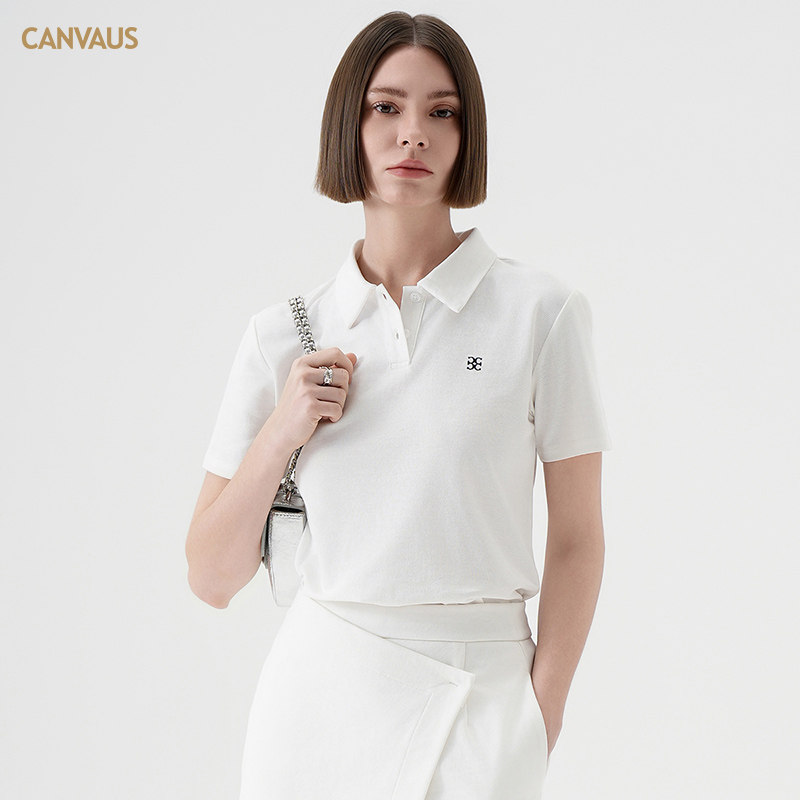 CANVAUS短袖POLO衫女士上衣夏季新款透气休闲运动纯色绣花字母t恤