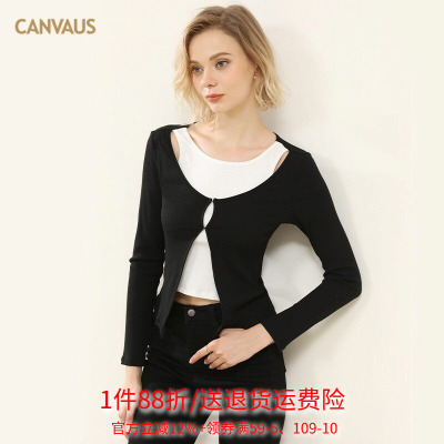 Outlets品牌折扣 CANVAUS春装2026新款打底衫女假两件圆领T恤撞色