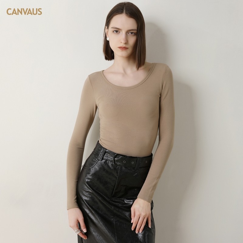 CANVAUS纯色圆领免穿文胸气质打底衫女磨毛保暖长袖百搭紧身上衣