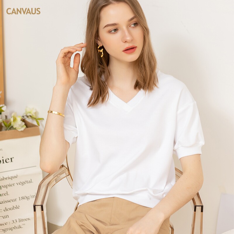 纯色V领打底简约T恤女
