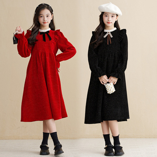 过年服女童红色连衣裙秋冬2025新款中大童裙子加绒儿童新年公主裙
