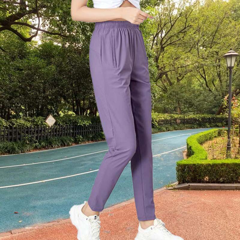 女式系带高腰冰丝速干超弹运动裤薄款夏户外跑步休闲健身瑜伽长裤