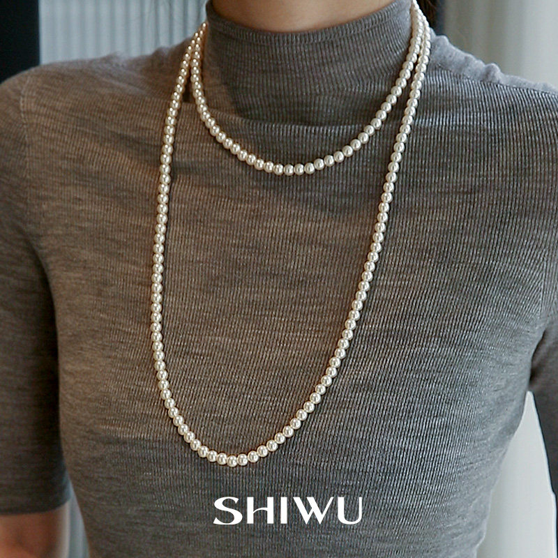法式双层多层叠戴施家珍珠项链长款正品毛衣链轻奢小众配饰颈链女