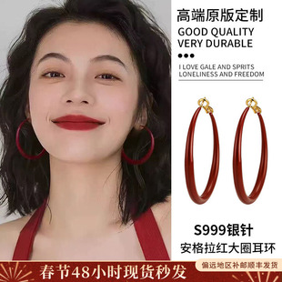 韩国复古红色耳圈2026新款纯银高级感大圆圈素圈耳环无耳洞耳夹女