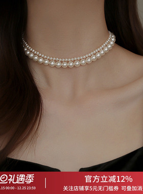 饰悟双层珍珠项链叠戴颈链女