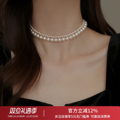 饰悟双层珍珠项链叠戴颈链女