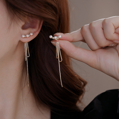 饰悟银饰长款流苏耳环珍珠女