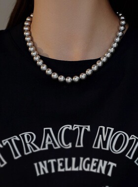 山茶花铂金灰色珍珠项链颈链女款毛衣链轻奢高级感锁骨链气质秋冬