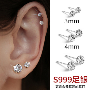999纯银耳钉女纯银拒绝过敏养耳洞耳棒耳骨钉钻石睡觉不用摘耳饰