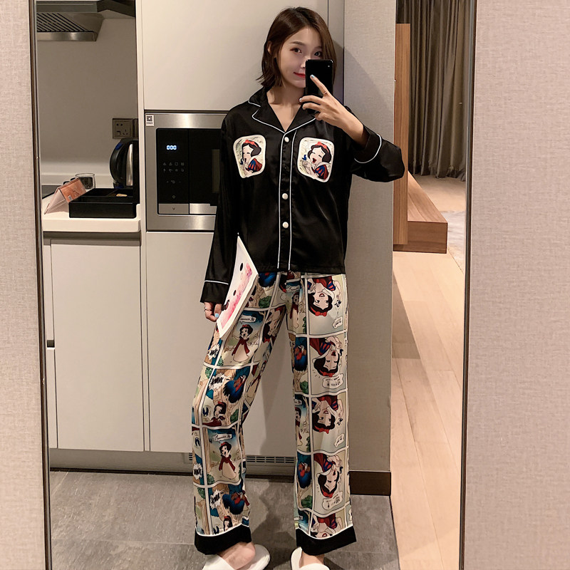 白雪公主冰丝睡衣女春秋冬季长袖薄款卡通网红爆款丝绸家居服套装
