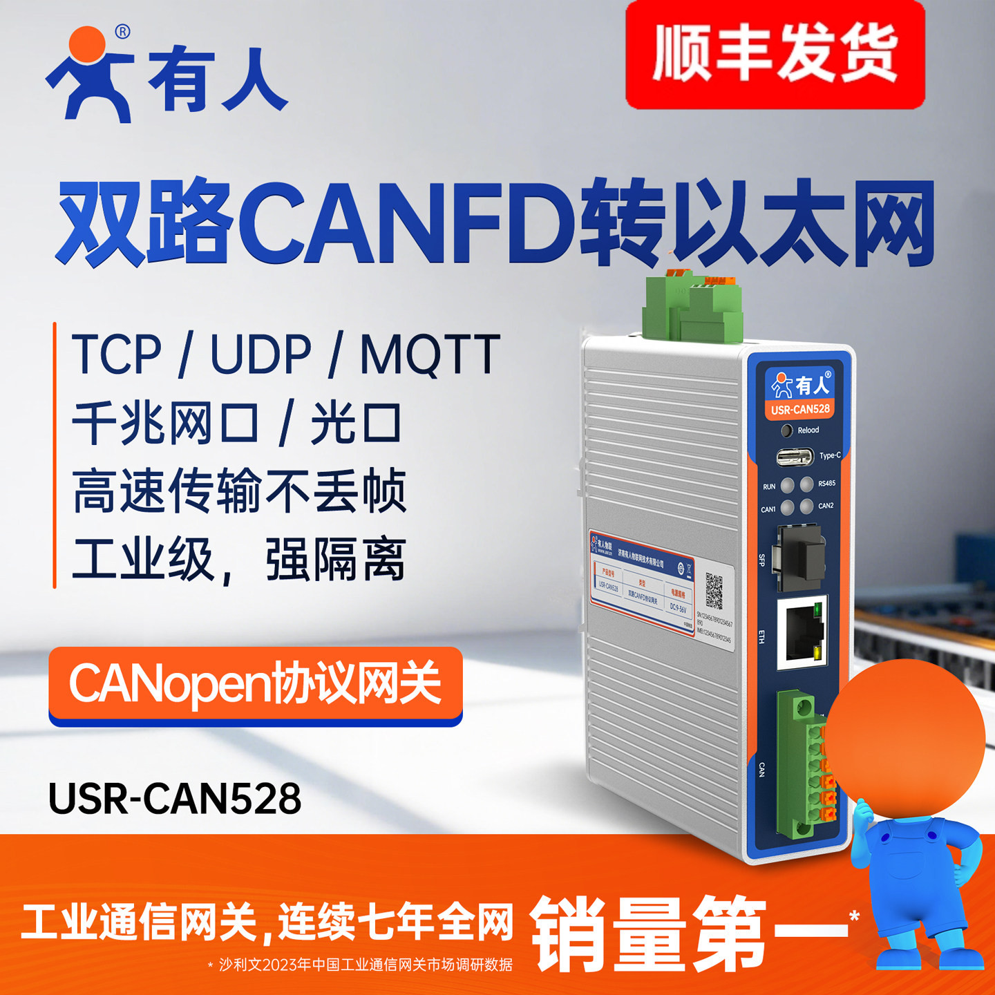 有人双路CANFD协议工业隔离网关MQTT中继器转以太网485光纤CAN528