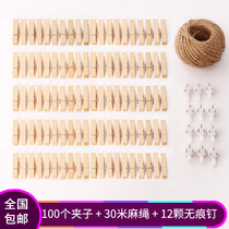 100 pieces of hemp rope non marking nail small wooden clip photo photo clip photo wall decoration