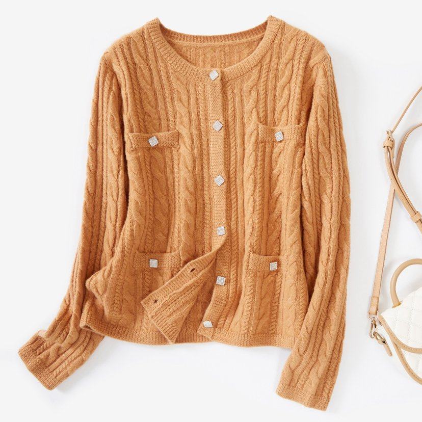 【100%纯羊毛】小香风麻花针织开衫女圆领长袖毛衣外套轻奢羊毛衫,女装/女士精品,毛针织衫,淘宝优惠券,粉丝福利购,淘宝优惠卷