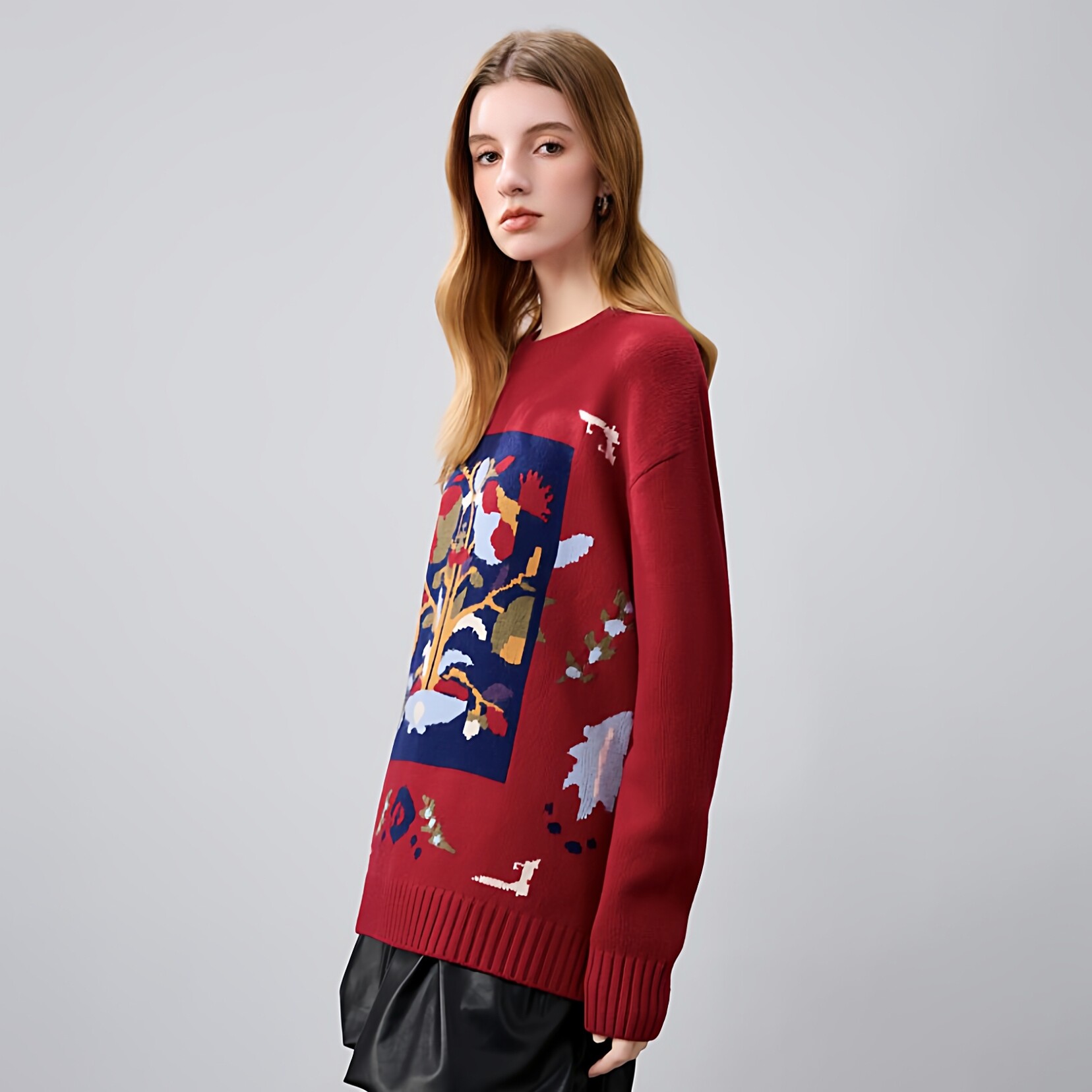 【100%绵羊毛】套头毛衣女宽松加厚圆领针织衫新年好运穿搭