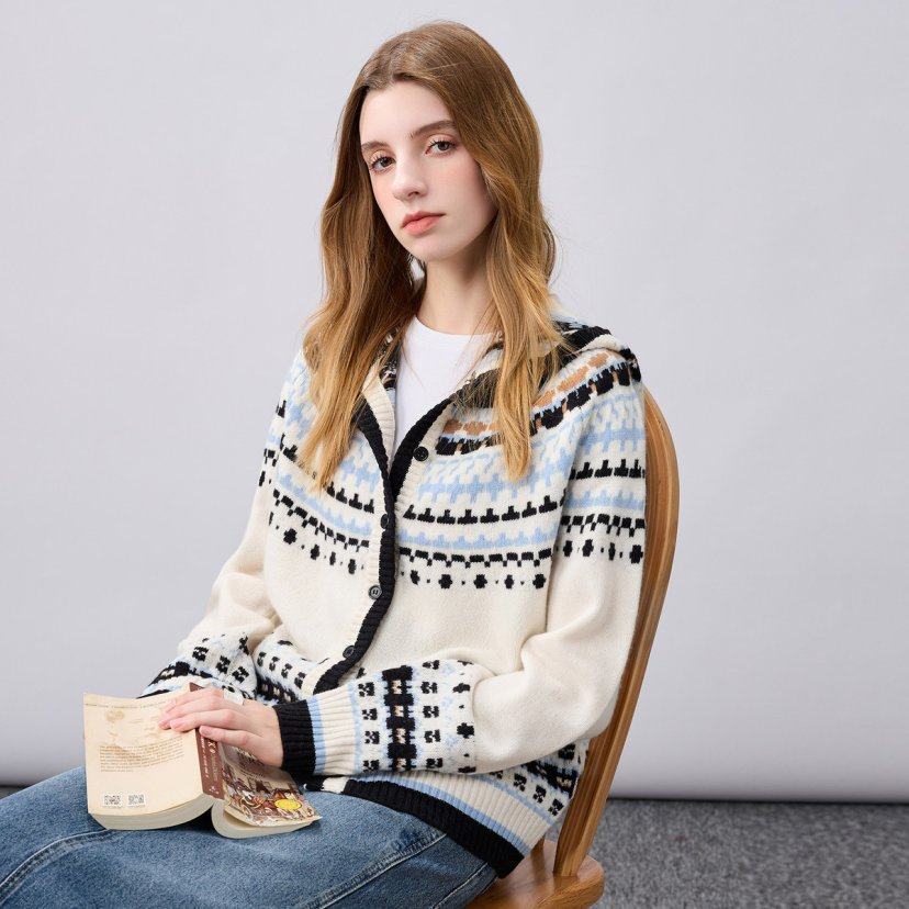 【100%绵羊毛】费尔岛加厚针织外套秋冬宽松连帽上衣女士复古开衫