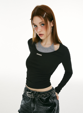 imone黑色假两件褶皱收腰显瘦短款T恤女春秋新款潮流辣妹上衣