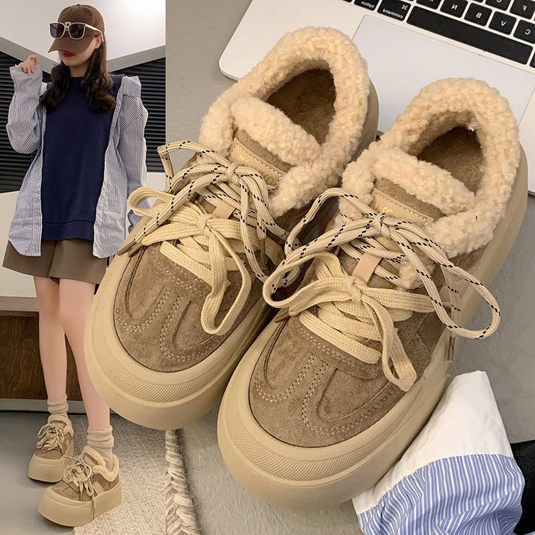 冬季新款加绒学生板鞋女系带平底厚底圆头休闲鞋耐磨运动鞋女