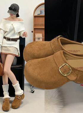 2020新款复古绒面勃肯鞋半拖女外穿方扣包头穆勒拖懒人厚底博肯鞋