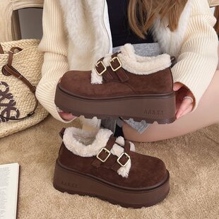 冬季新款加绒棉鞋女厚底毛毛边乐福鞋圆头一脚蹬保暖鞋女