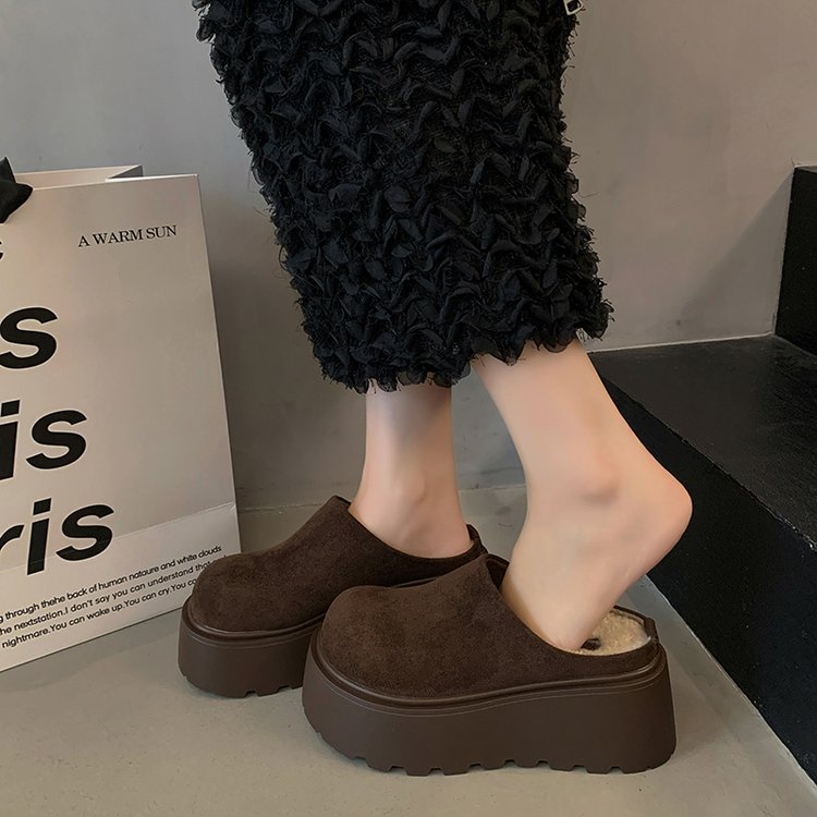 2025冬季新款厚底勃肯鞋女加绒包头半拖矮个子增高7厘米外穿袋鼠