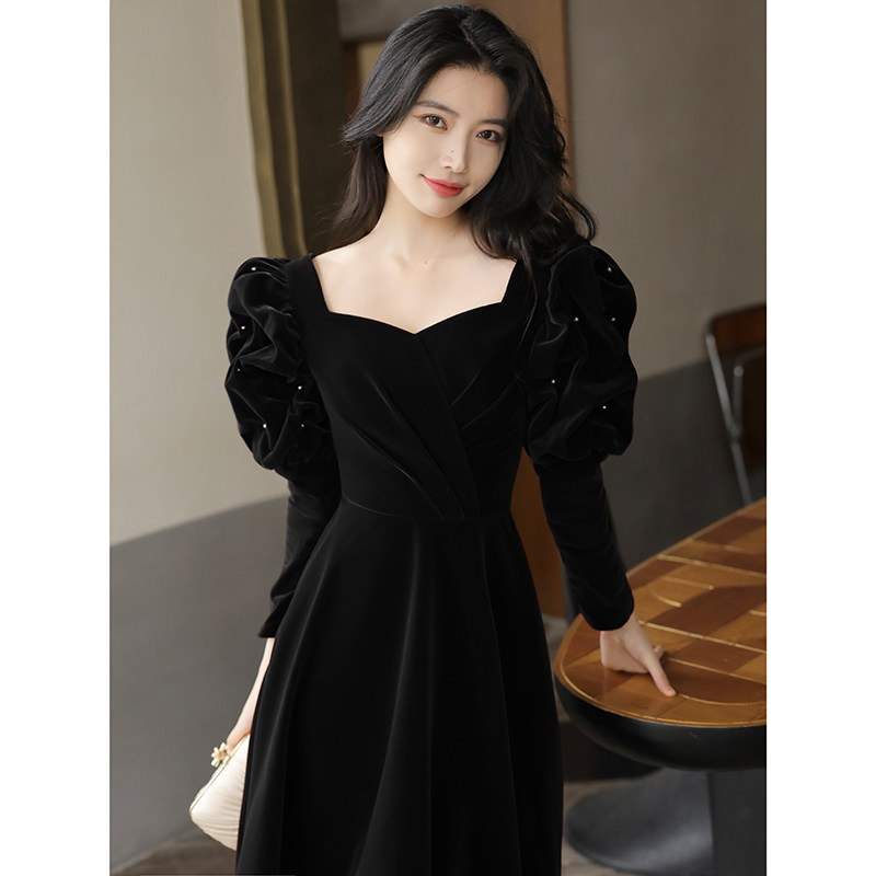 速发黑色4礼服裙202晚新款宴会艺质高级感年会主持人气考连衣裙丝