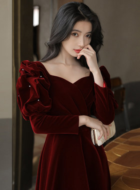 好货长袖丝绒敬酒服新娘秋冬季订婚红色晚礼服回门连衣裙演出声乐