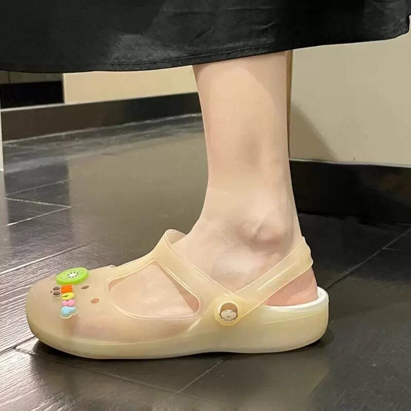 透明防滑洞洞鞋孕妇新款印花果冻沙滩鞋凉鞋女鞋花园厚底平底护士