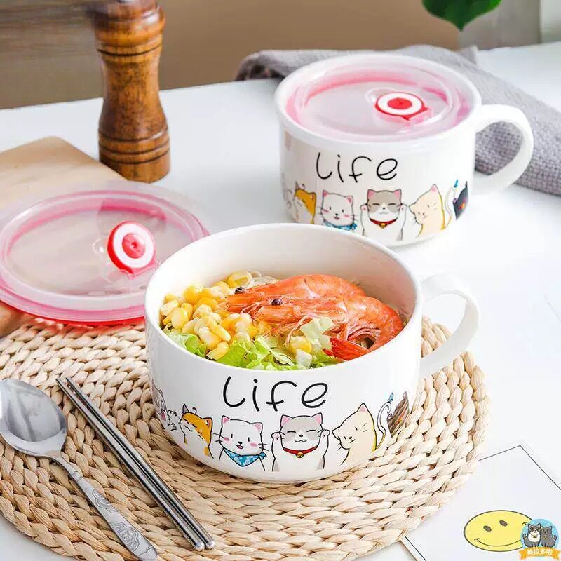 微波炉专用碗带盖带把饭盒食品级陶瓷带盖碗日式卡通陶瓷泡面碗带