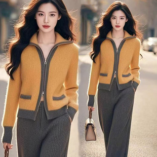 初冬装搭配一整套气质黄色针织休闲裤两件套装轻奢高级感