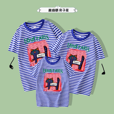 小猫亲子装一家三口四条纹短袖