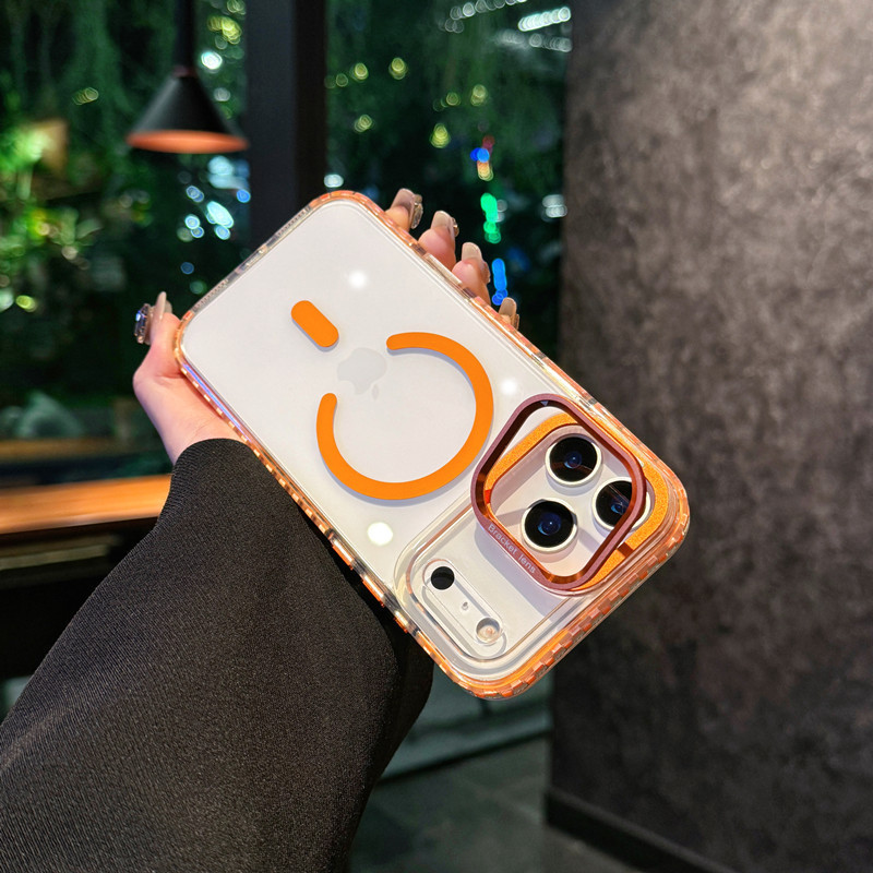 适用苹果17promax手机壳iphone16pro摄像头镜头支架可打开关15pm防滑13不带无镜头膜橙色透明软壳外壳i14新款