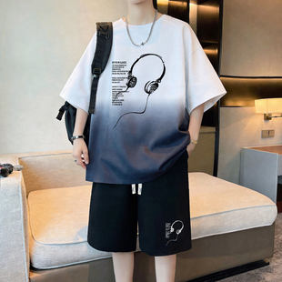 夏季纯棉短袖t恤男孩初高中学生潮牌帅气青少年大童短裤运动套装