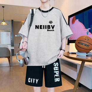 青少年夏季套装男孩初中高中学生纯棉短袖t恤大童男装帅气运动服